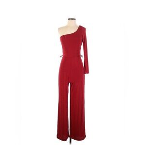 JLUXLABEL Red Velvet One-Shoulder Jumpsuit Small | Flared Leg Cut-Out Romper